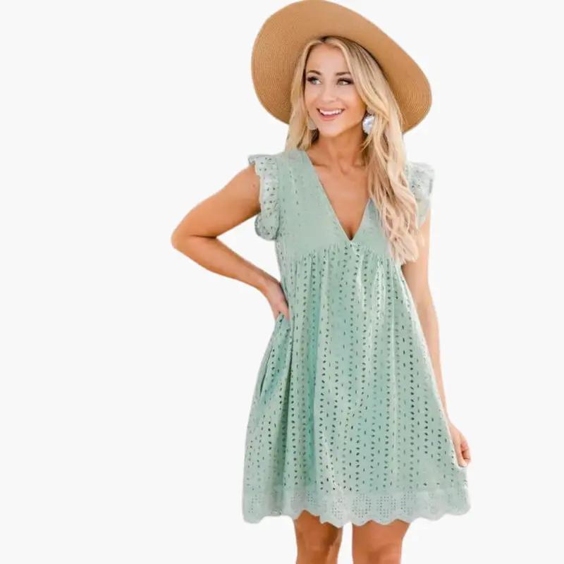 Women's Short Sleeve Dress – Side Pockets, Knee-Length Skirt & Round Neck