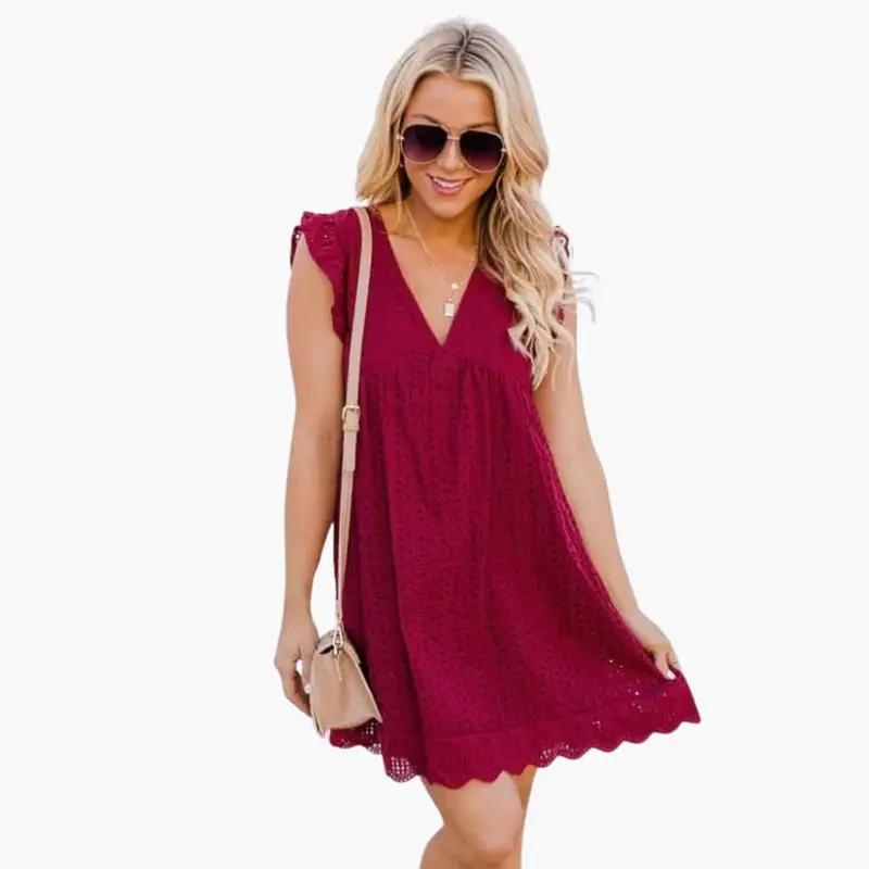 Women's Short Sleeve Dress – Side Pockets, Knee-Length Skirt & Round Neck