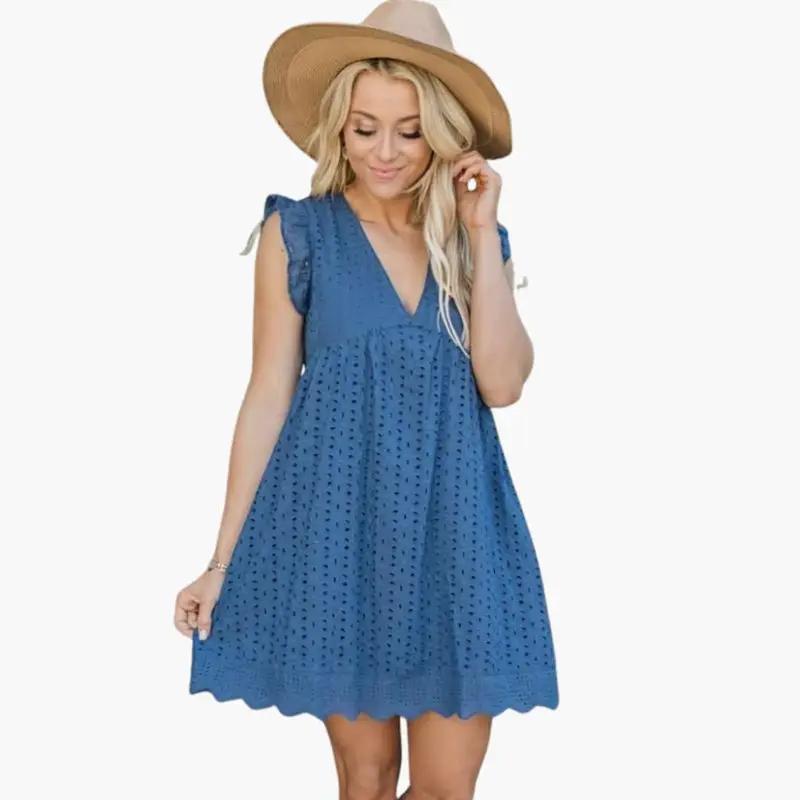 Women's Short Sleeve Dress – Side Pockets, Knee-Length Skirt & Round Neck
