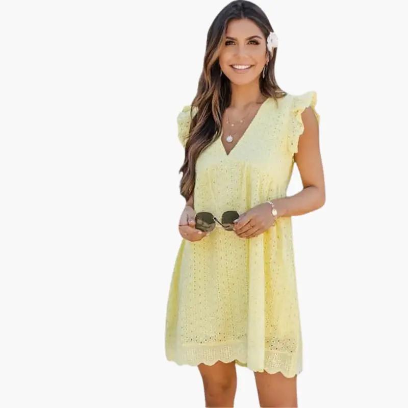 Women's Short Sleeve Dress – Side Pockets, Knee-Length Skirt & Round Neck