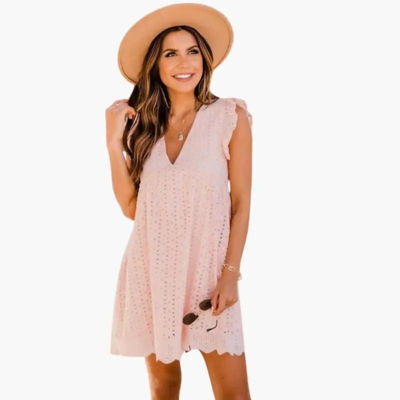 Women's Short Sleeve Dress – Side Pockets, Knee-Length Skirt & Round Neck