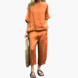 Women's Two-Piece Set – Short Sleeve Top, Round Neck & Elastic Waist Pants
