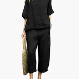 Women's Two-Piece Set – Short Sleeve Top, Round Neck & Elastic Waist Pants
