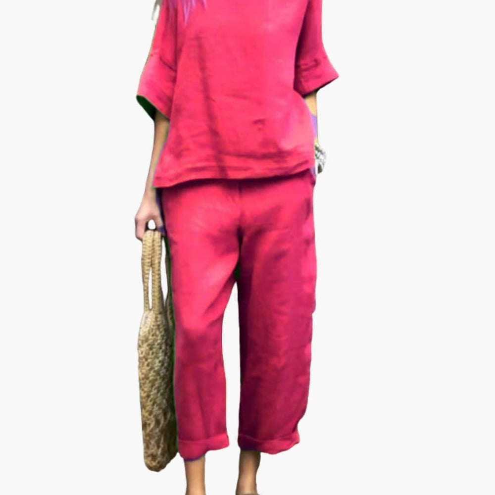 Women's Two-Piece Set – Short Sleeve Top, Round Neck & Elastic Waist Pants