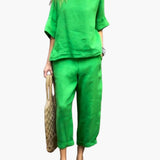 Women's Two-Piece Set – Short Sleeve Top, Round Neck & Elastic Waist Pants