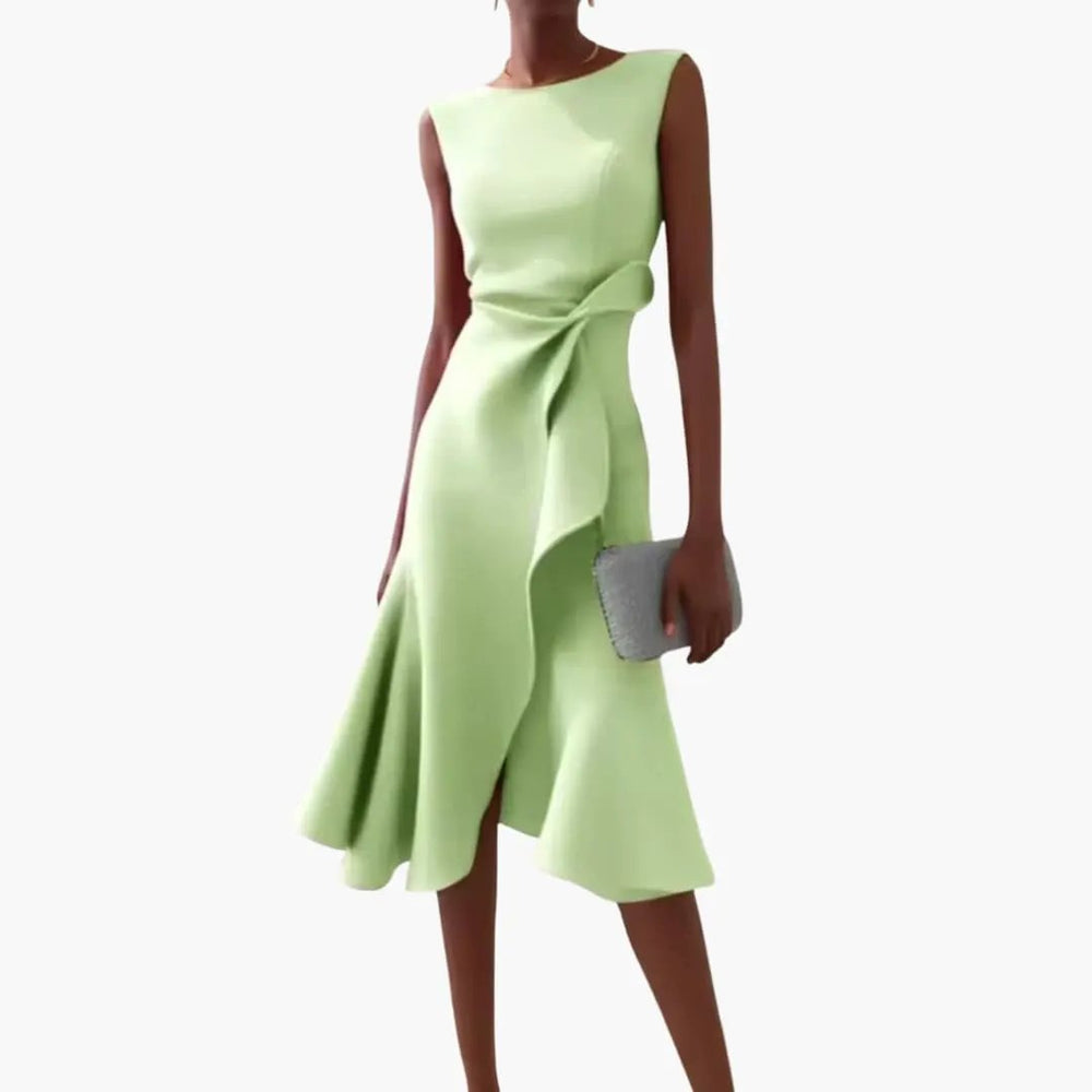 Women's Asymmetrical Midi Dress – Sleeveless, Round Neck & Draped Waist