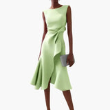 Women's Asymmetrical Midi Dress – Sleeveless, Round Neck & Draped Waist
