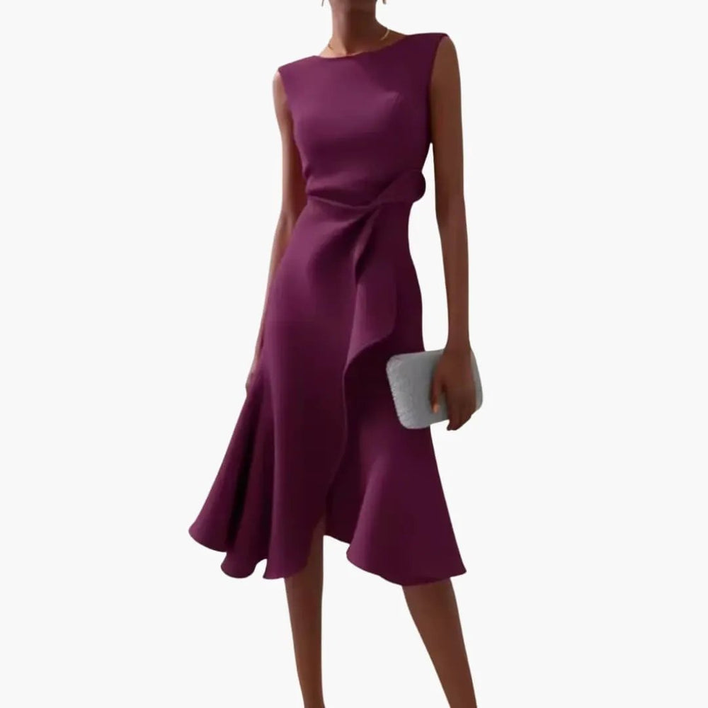 Women's Asymmetrical Midi Dress – Sleeveless, Round Neck & Draped Waist