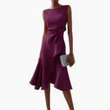 Women's Asymmetrical Midi Dress – Sleeveless, Round Neck & Draped Waist