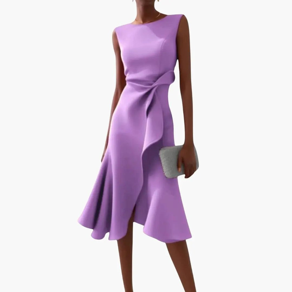 Women's Asymmetrical Midi Dress – Sleeveless, Round Neck & Draped Waist