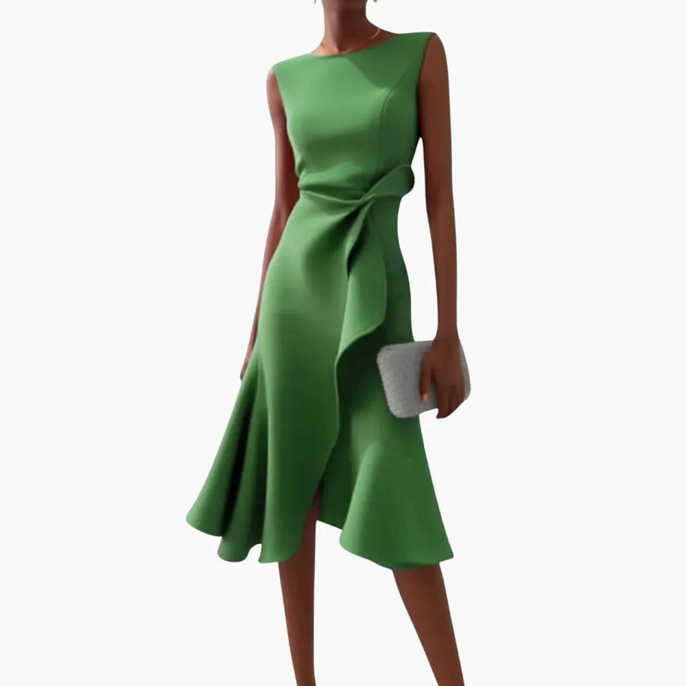 Women's Asymmetrical Midi Dress – Sleeveless, Round Neck & Draped Waist