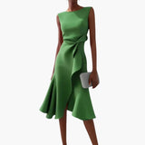 Women's Asymmetrical Midi Dress – Sleeveless, Round Neck & Draped Waist