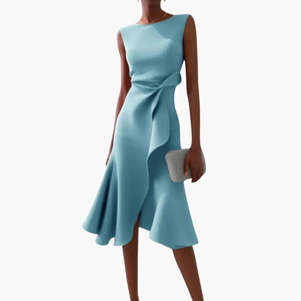Women's Asymmetrical Midi Dress – Sleeveless, Round Neck & Draped Waist