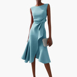 Women's Asymmetrical Midi Dress – Sleeveless, Round Neck & Draped Waist