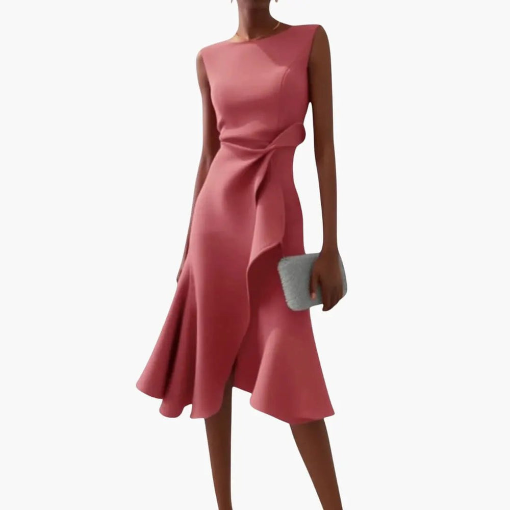 Women's Asymmetrical Midi Dress – Sleeveless, Round Neck & Draped Waist