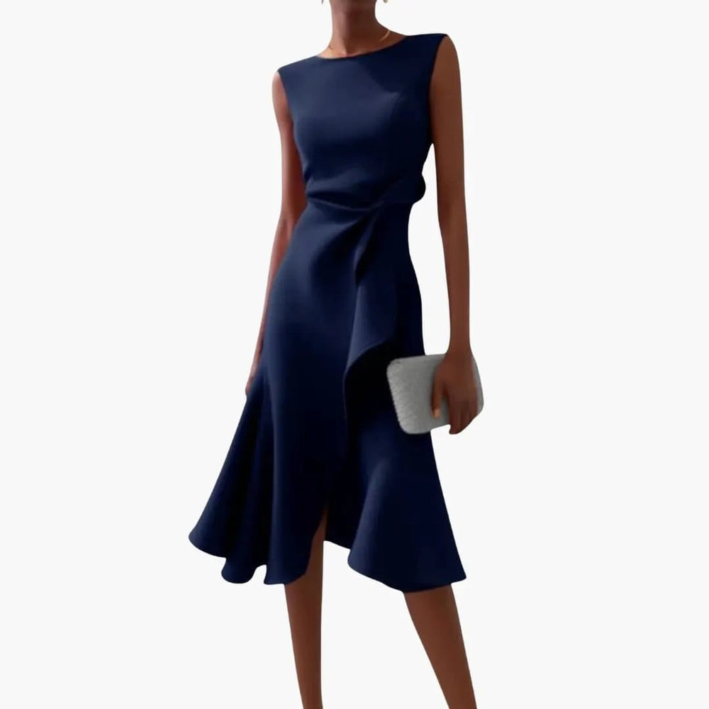 Women's Asymmetrical Midi Dress – Sleeveless, Round Neck & Draped Waist