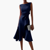 Women's Asymmetrical Midi Dress – Sleeveless, Round Neck & Draped Waist