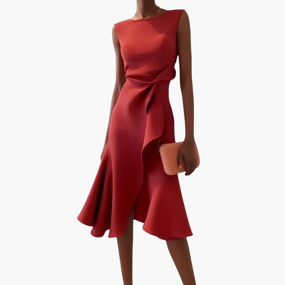 Women's Asymmetrical Midi Dress – Sleeveless, Round Neck & Draped Waist