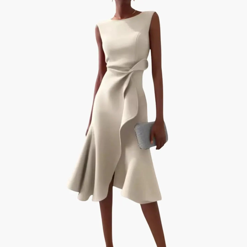 Women's Asymmetrical Midi Dress – Sleeveless, Round Neck & Draped Waist