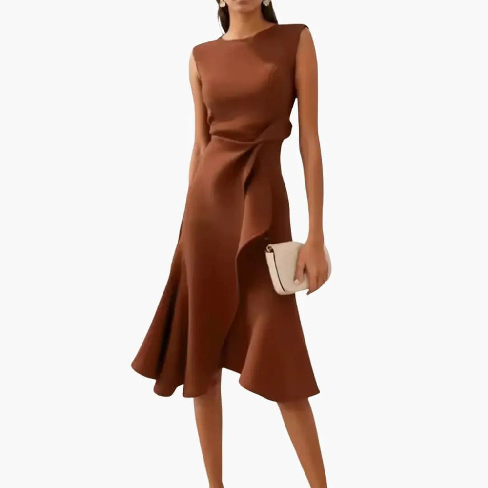 Women's Asymmetrical Midi Dress – Sleeveless, Round Neck & Draped Waist