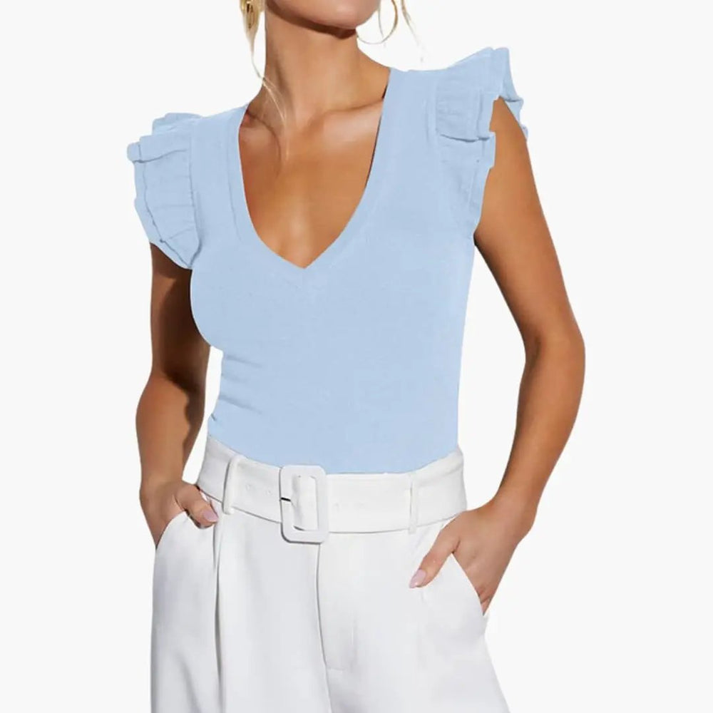 Women's Top – Sleeveless, V-Neck & Ruffle Shoulder Detail