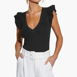 Women's Top – Sleeveless, V-Neck & Ruffle Shoulder Detail