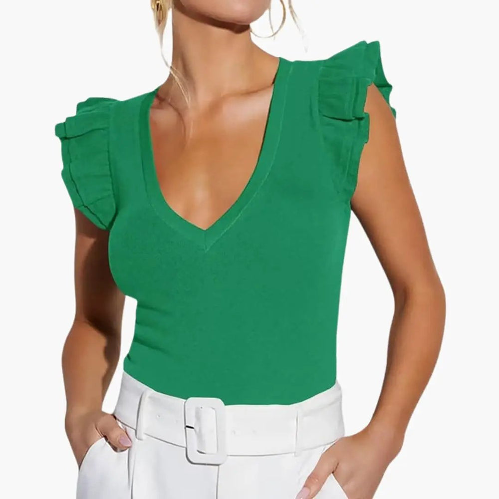 Women's Top – Sleeveless, V-Neck & Ruffle Shoulder Detail