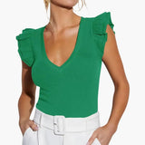 Women's Top – Sleeveless, V-Neck & Ruffle Shoulder Detail