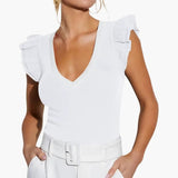 Women's Top – Sleeveless, V-Neck & Ruffle Shoulder Detail