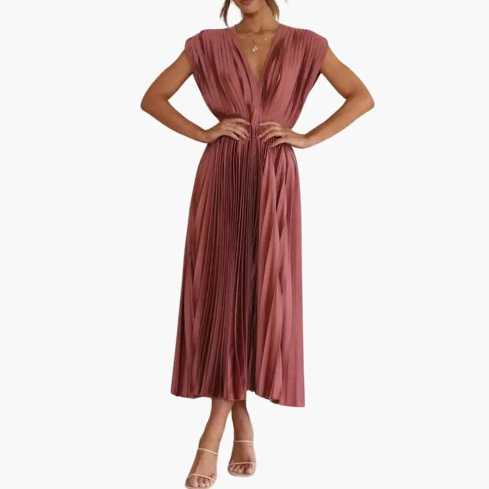 Women's Midi Dress – Sleeveless, V-Neck & Pleated Skirt