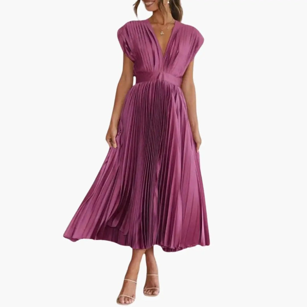Women's Midi Dress – Sleeveless, V-Neck & Pleated Skirt