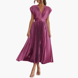 Women's Midi Dress – Sleeveless, V-Neck & Pleated Skirt