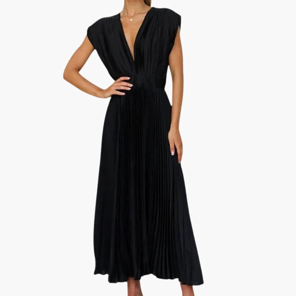 Women's Midi Dress – Sleeveless, V-Neck & Pleated Skirt