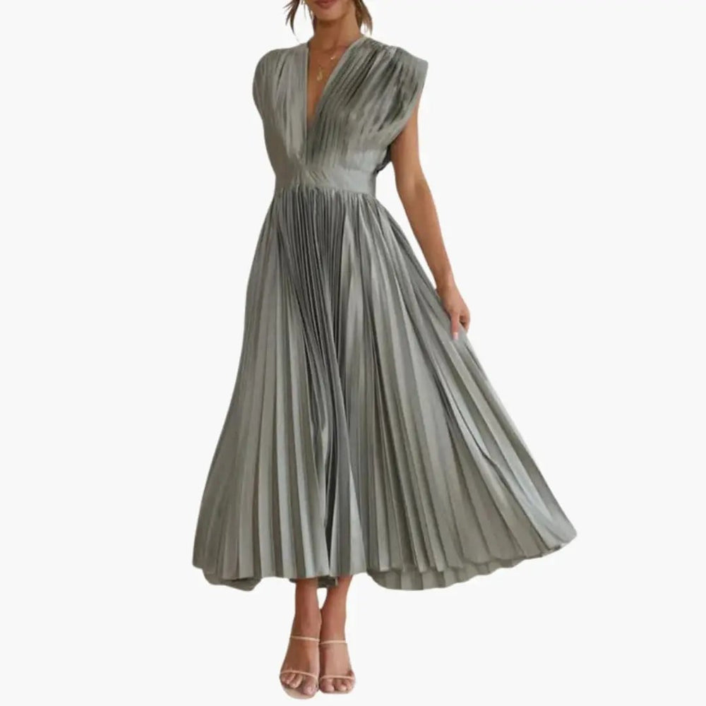 Women's Midi Dress – Sleeveless, V-Neck & Pleated Skirt
