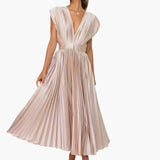 Women's Midi Dress – Sleeveless, V-Neck & Pleated Skirt