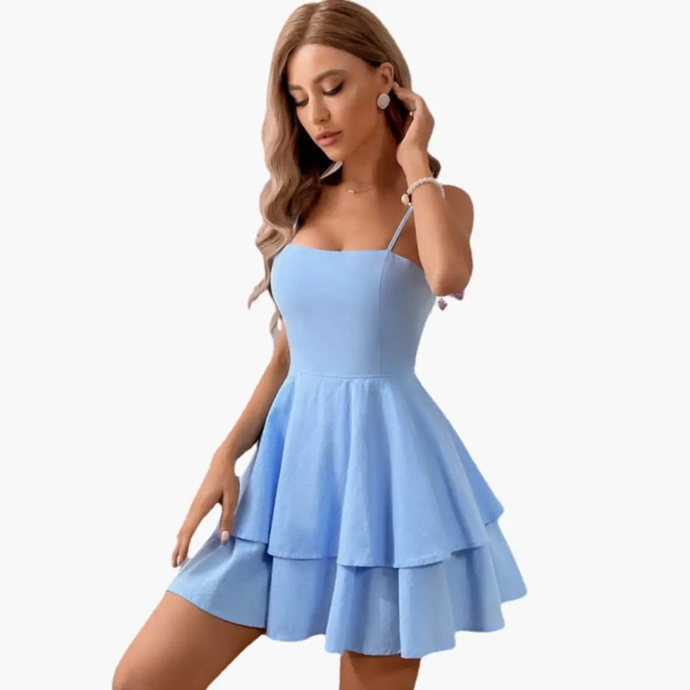 Women's Mini Dress – Spaghetti Strap, Flowy Skirt & Sleeveless