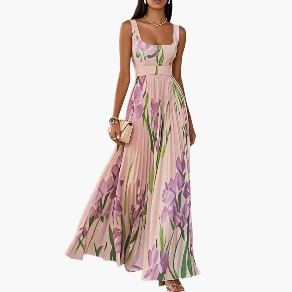 Women's Maxi Dress – Square Neck, Sleeveless & Pleated A-Line