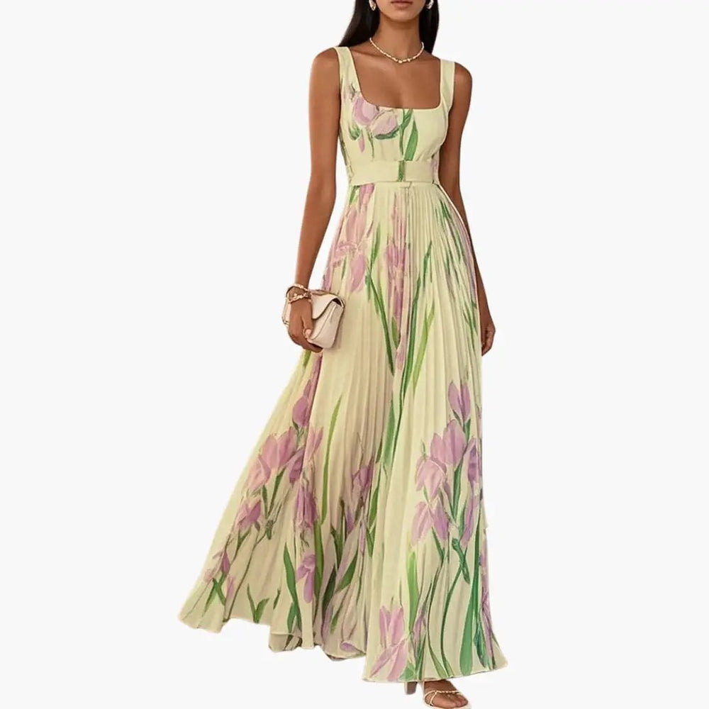 Women's Maxi Dress – Square Neck, Sleeveless & Pleated A-Line