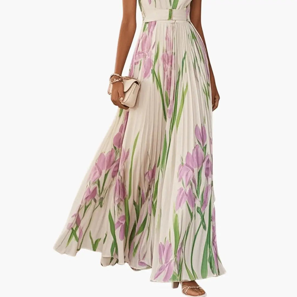 Women's Maxi Dress – Square Neck, Sleeveless & Pleated A-Line