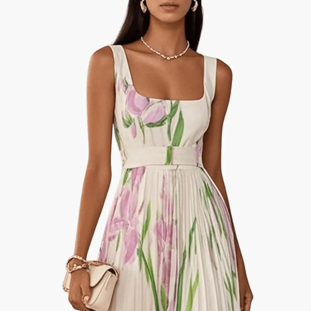 Women's Maxi Dress – Square Neck, Sleeveless & Pleated A-Line