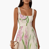 Women's Maxi Dress – Square Neck, Sleeveless & Pleated A-Line