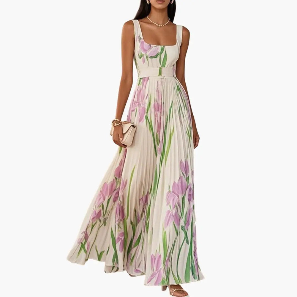Women's Maxi Dress – Square Neck, Sleeveless & Pleated A-Line