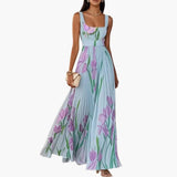 Women's Maxi Dress – Square Neck, Sleeveless & Pleated A-Line