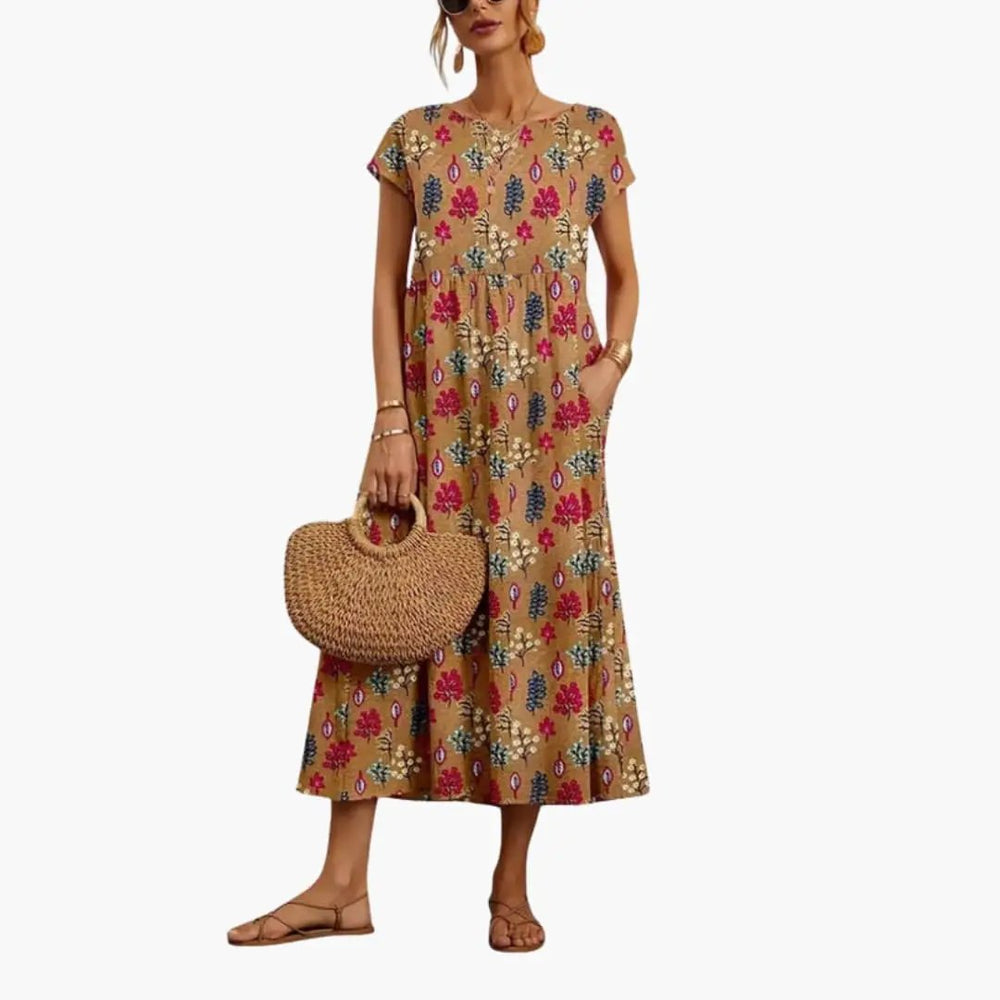 Women's Midi Dress – Straight Cut, Short Sleeves & Round-Neck Woven Finish
