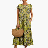Women's Midi Dress – Straight Cut, Short Sleeves & Round-Neck Woven Finish