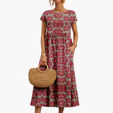 Women's Midi Dress – Straight Cut, Short Sleeves & Round-Neck Woven Finish