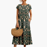 Women's Midi Dress – Straight Cut, Short Sleeves & Round-Neck Woven Finish