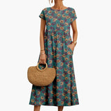 Women's Midi Dress – Straight Cut, Short Sleeves & Round-Neck Woven Finish