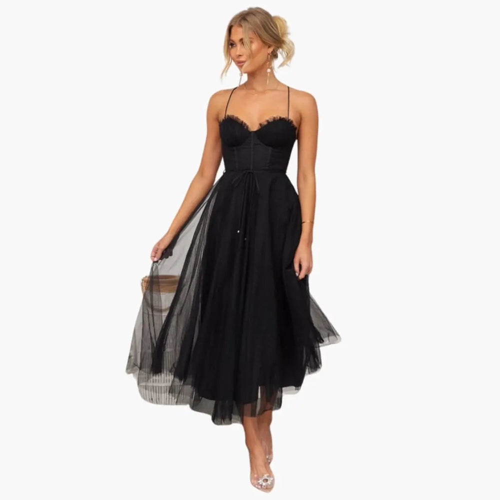 Women's Midi Dress – Strapless Neckline & Layered Tulle Skirt