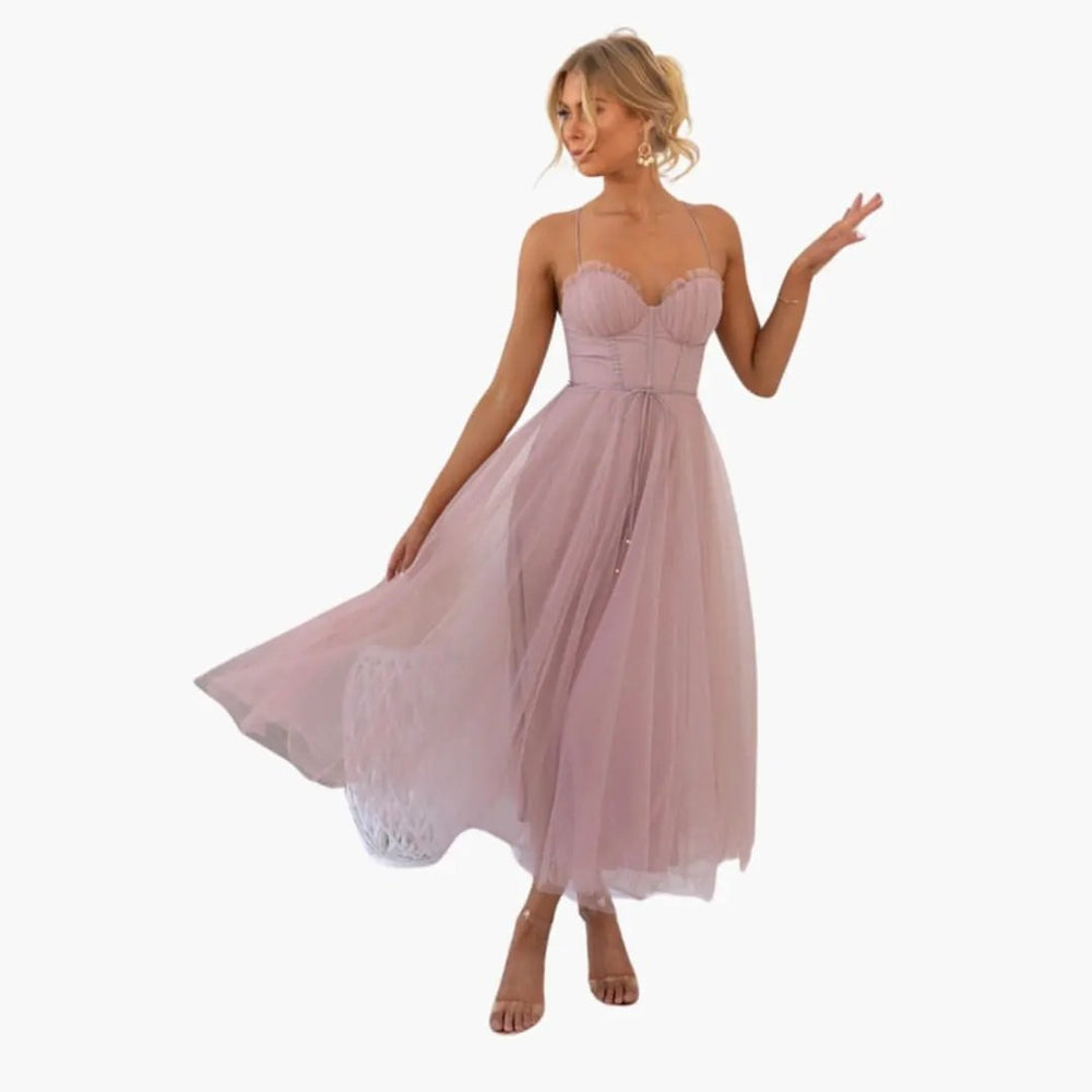 Women's Midi Dress – Strapless Neckline & Layered Tulle Skirt